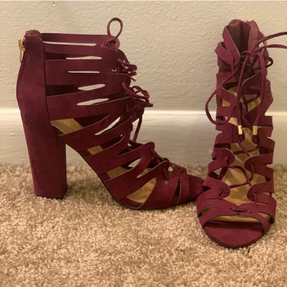 Charlotte Russell Wine Colored Caged Sandals with Block Heels.